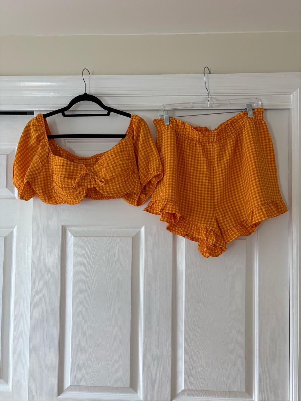 Orange Gingham Two-Piece Crop Top & High Waisted Shorts Set